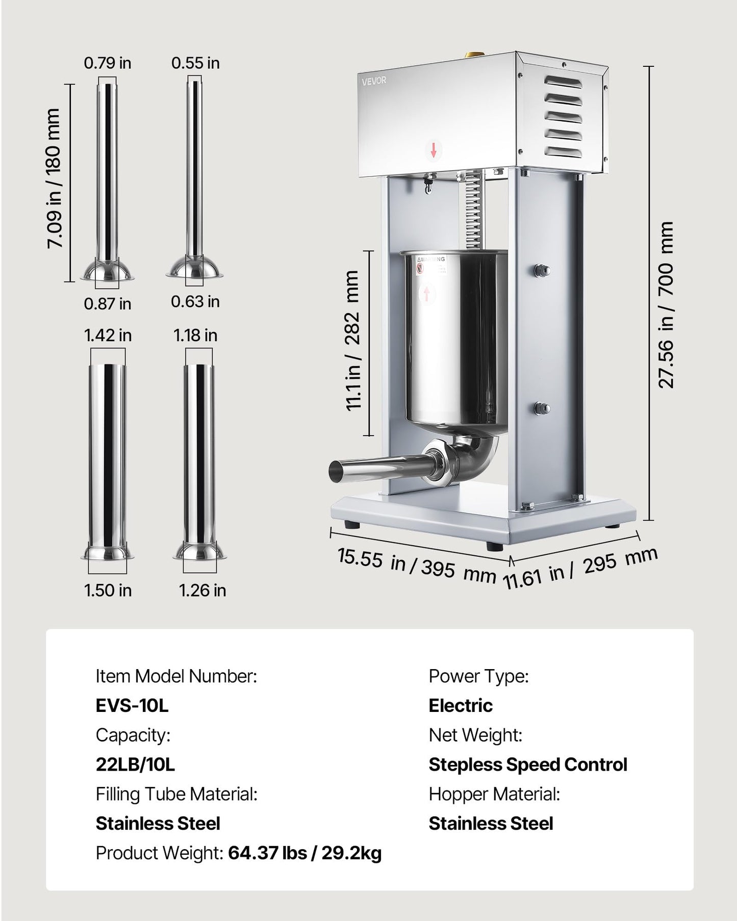 VEVOR Electric Sausage Stuffer, 22 LBS / 10 L Vertical Meat Filler with Stepless Speed Adjustment, Stainless Steel Sausage Stuffing Machine, Foot Pedal & 4 Filling Tubes, for Commercial and Home Use