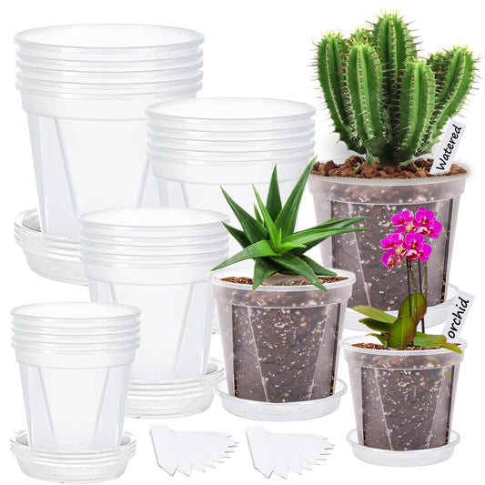 Artuxer 40Pack 4/5/6/7 inch Plastic Clear Nursery Pots with Saucer, 4 Sizes Garden Pots Plant Pots with Drainage Holes for Flower,Herb,Succulent,Plants, 100 pcs Plant Labels,5 Set for Indoor Outdoor