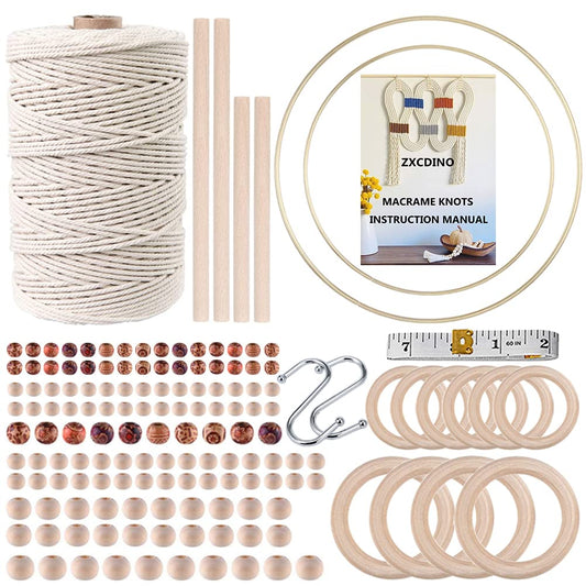 ZXCDINO 152pcs Macrame Kit for Beginners: Natural Cotton Macrame Cord, Wooden & Metal Rings, Beads, Sticks & Hoops - Perfect for Macrame Plant Hangers & Home Decor