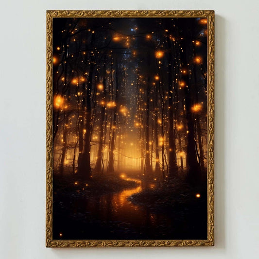 Magical Forest Wall Art Canvas - Fireflies Landscape Poster, Botanical Prints, Moody Natural Vertical Art, Dark Academia Forest Painting for Home 16x24inch No Frame