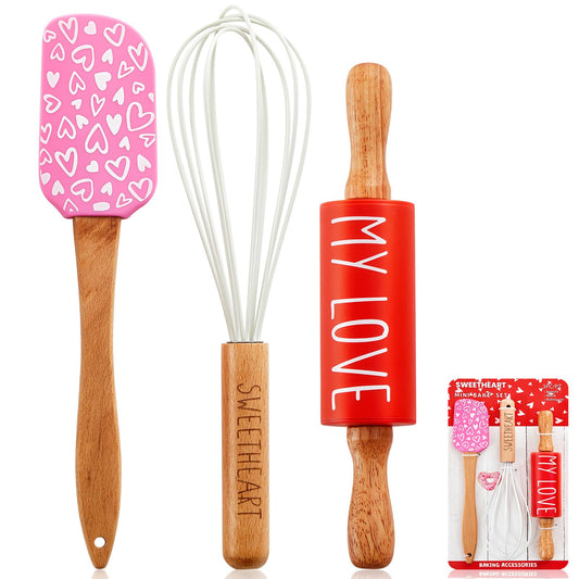 Fuutreo Valentines Holiday Mini Bake Set with Mini Spatula, Whisk and Rolling Pin, Sweetheart Pattern, Heat Resistant, Valentine Sweet Gift Bake Set for Baking Cooking Sauteing Mixing Serving Stirring