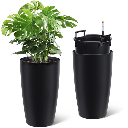 GarveeHome Set of 2 Tall Planters for Outdoor Plants, 22 Inch Large Self Watering Planters with Water Level Monitor, Indoor Outdoor Plastic Flower Pots for Porch, Patio, Backyard & Entryway,Black