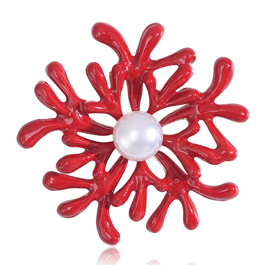 Elegant Coral Flower Brooch for Women Pearl Red Floral Lapel Pins Wedding Party Dance Dress Suit Clothes Accessories Jewelry