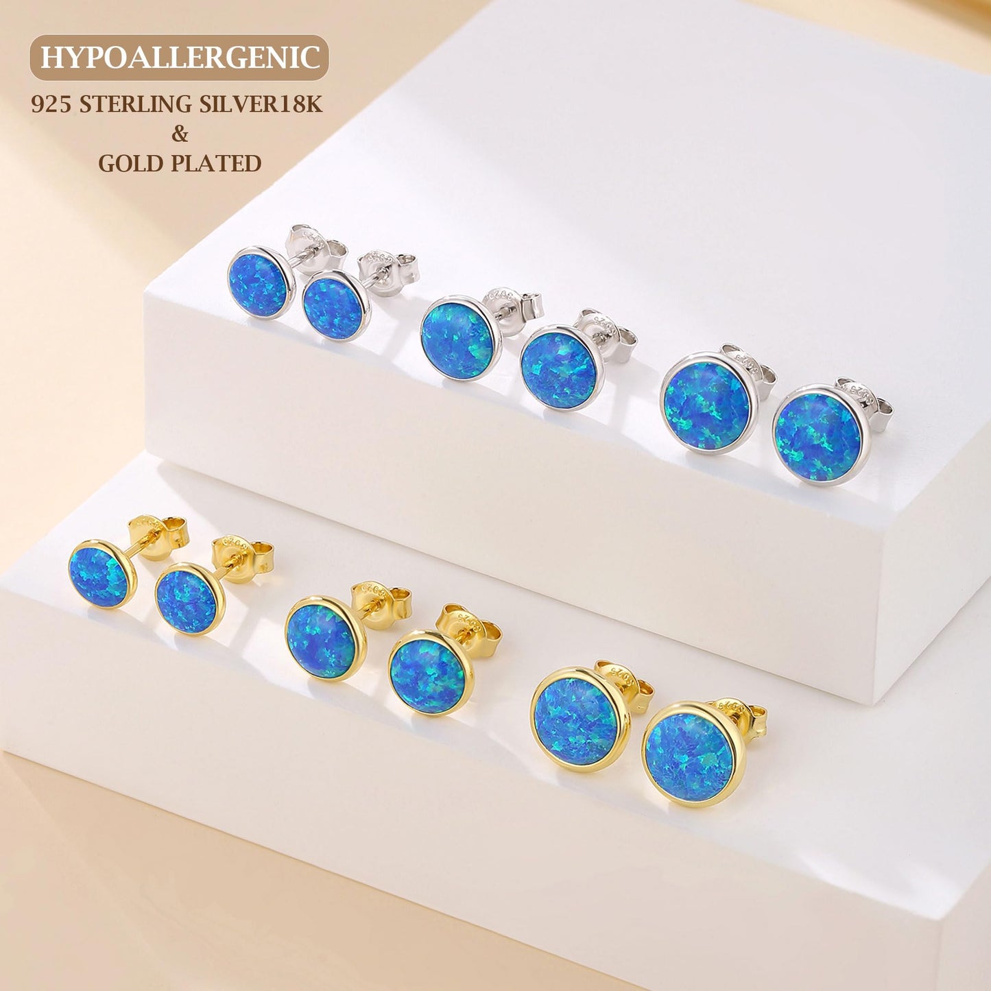 JiayangJY Silver Blue Fire Opal Stud Earrings for Women 18K White Gold Plated Sterling Silver Round Shape 8mm Opal Earrings with Push Back