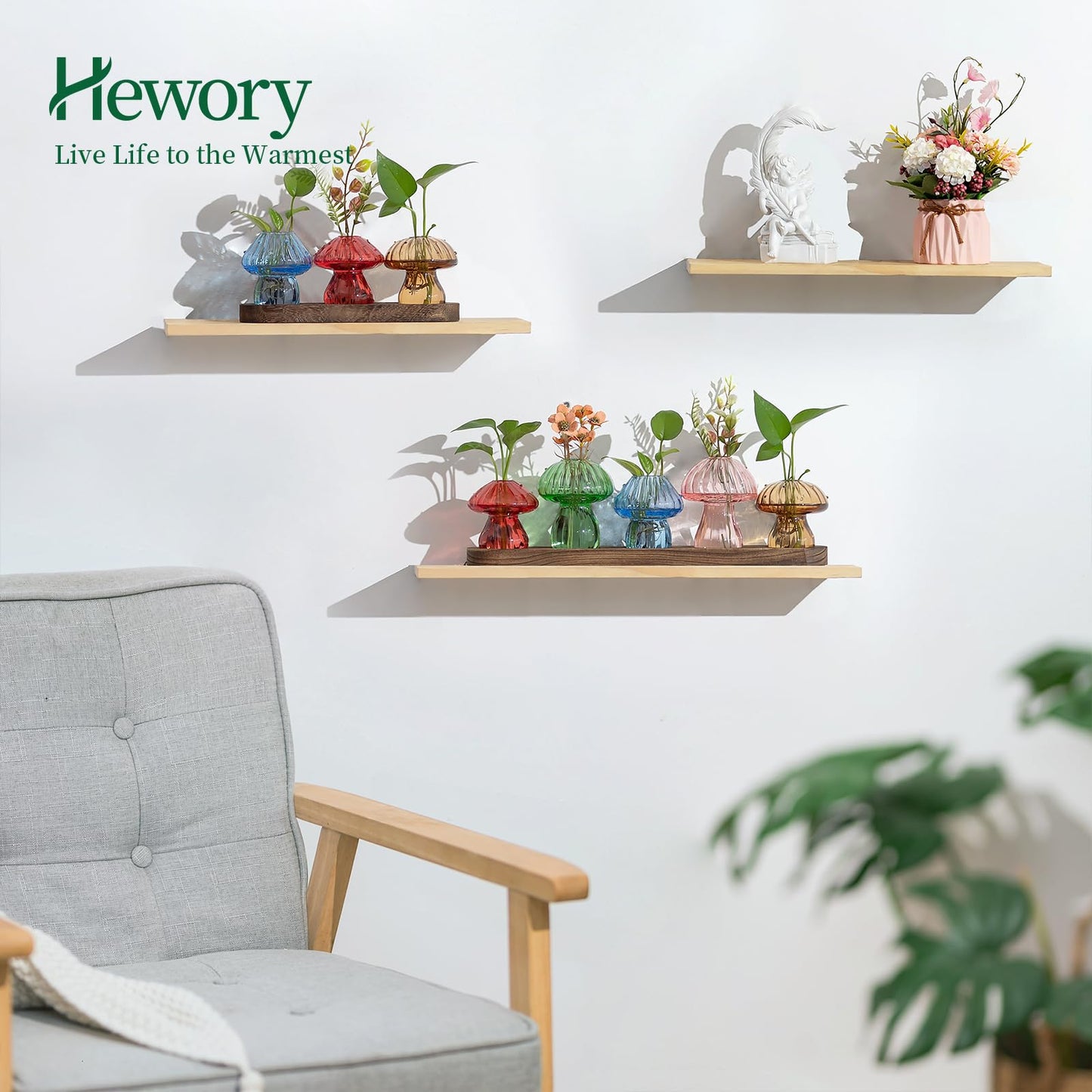Glass Propagation Station for Plant: Mushroom Planter with Wooden Stand for Home Office Decor - Unique Propagation Jars for Plant Lovers - Set of 5 Hydroponic Mushroom Vases Gift for Mom