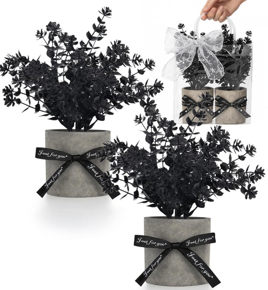 DomeStar 2 Pack Small Black Eucalyptus Plant, Mini Potted Fake Plants Artificial Plastic Eucalyptus Plants Topiaries for Home Office Desk Farmhouse Shelf Room Bathroom Decor