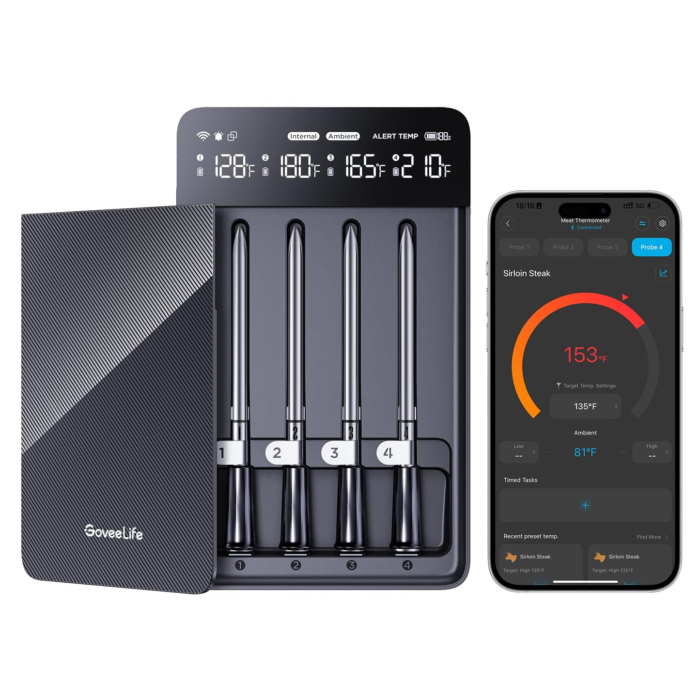 GoveeLife Bluetooth Wireless Meat Thermometer with 4 Probes, WiFi Unlimited Range, ±1.8℉ Accuracy, IP68 Waterproof Real Time Monitoring Digital Food Thermometer for Kitchen, BBQ, Grill, Oven, Smoker