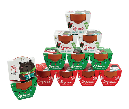 BUZZY Seeds Holiday Mini Spruce Kit 12-Pack – Terracotta Pots with Bear, Penguin, and Snowman Designs, All-in-One Tree Seed Starter Set, Stocking Stuffer, Party Favor