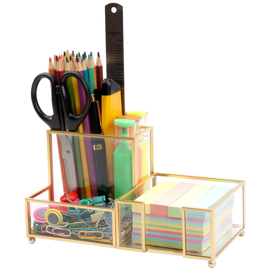 Shonmogar Desk Organizer with 3-Compartments,Glass Small Desk Organizer for Pens Pencils Business Cards Sticky Notes Paper Clips,Gold Stylish Pen Holder for Desk Home Office Decor