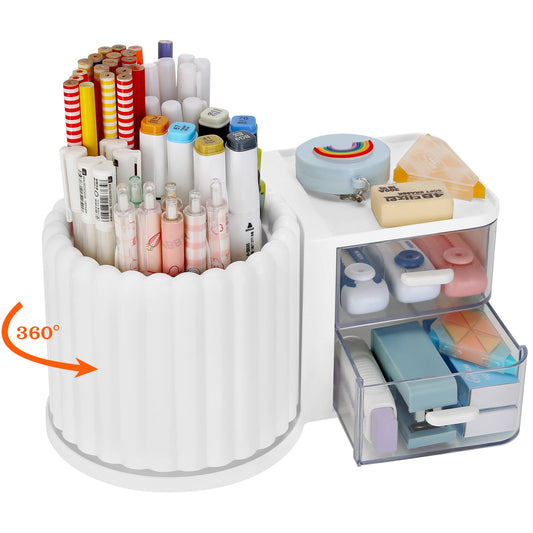 LETURE Rotating Office Desk Organizers and Accessories with 2 Drawer, Pencil Pen Marker Holder for Desk, Desktop Storage Organizers and Accessories for Office Home Art Supplies (White)
