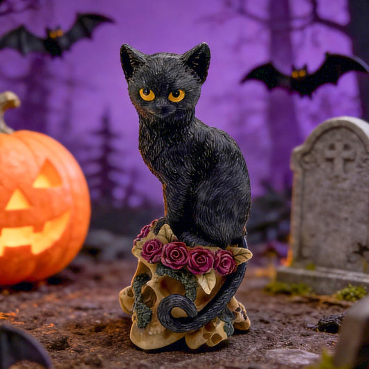 Coyoohouse Gothic Raven on Skull Statue, Dark Mysterious Resin Ornament, Spooky Crow Figurine for Halloween Home Decor, Desktop Gift for Skull Lovers on Birthday & Holiday (Cat)