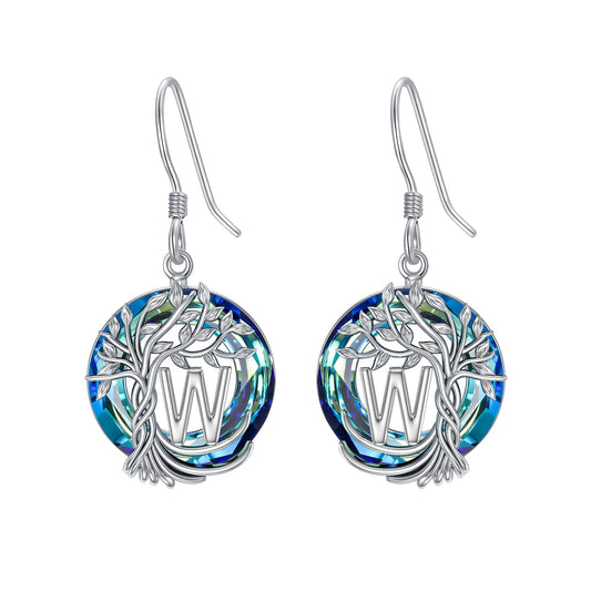 TOUPOP Tree of Life Initial Earrings Sterling Silver Initial W Letter Drop Dangle Earrings Blue Circle Crystal Family Tree Jewelry Birthday Mothers Day Gifts for Women Mom Her