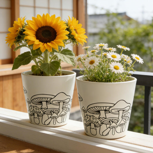 Mushroom Planter，5.5in Unique Ceramic Flower Pot with Permeable Tray，Large Caliber Indoor Flowerpot with Mushroom Relief Sculpture，Creative Planters for Housewarming Gifts and Home Decor (2 piece)