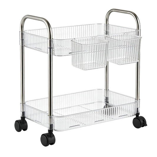 Ufriandz 2 Tier Utility Rolling Cart with Wheels Sofa Side Table Small Under Desk Storage Organizer, Clear Acrylic Plastic Mobile Trolley Organization Storage Cart for Kitchen Pantry Bathroom Vanity