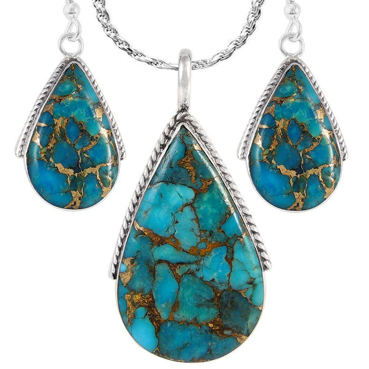 Turquoise Necklace Pendant & Earrings Set Genuine Gemstones 20" Necklace (Teal/Matrix Turquoise)
