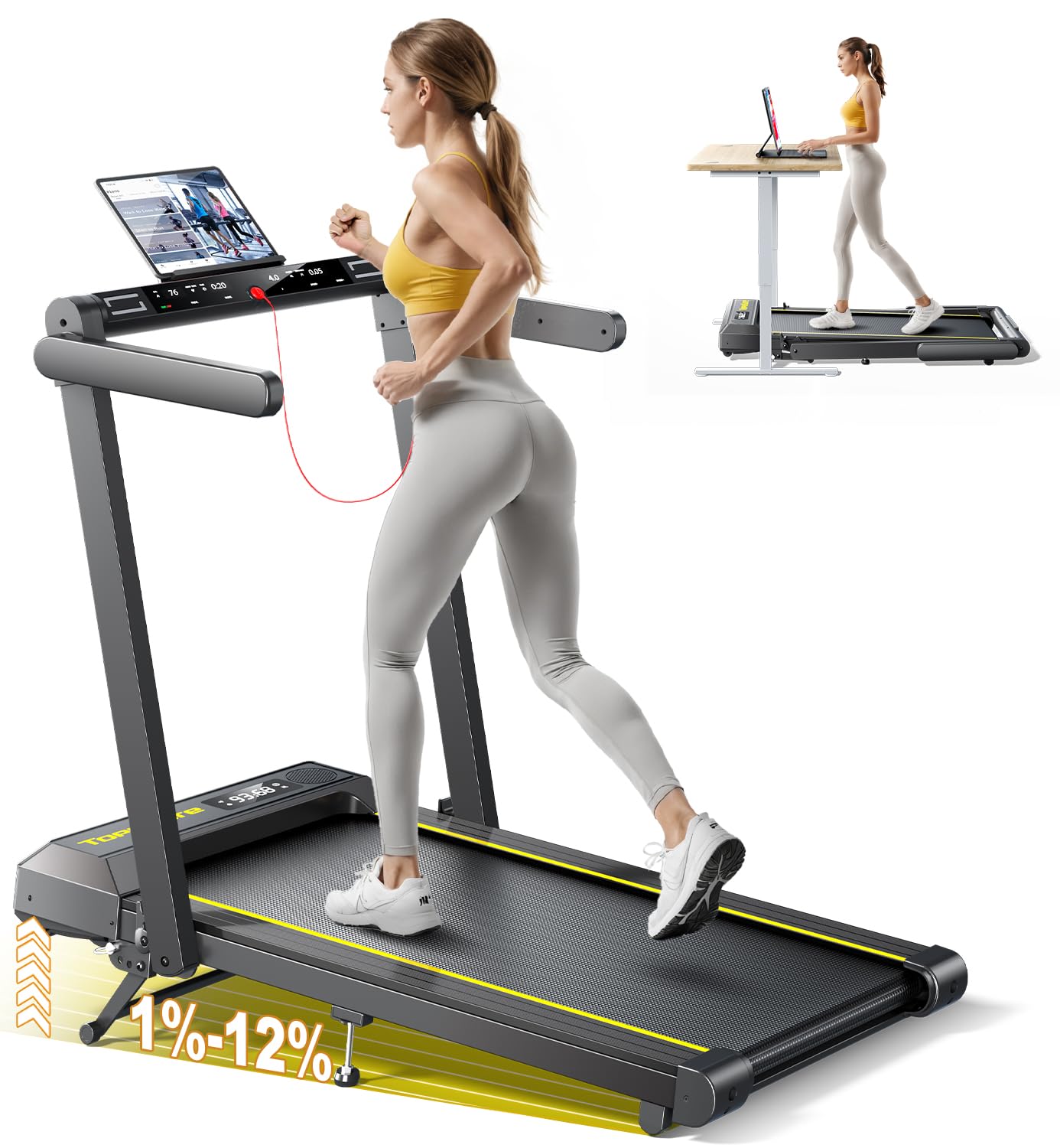 Walking Pad Treadmill with 12% Incline and Handle Bar, 4 in 1 Folding Treadmill for Home/Office, Under Desk Treadmills Portable Walking Pad with App & Bluetooth Speaker, 0.6-10MPH