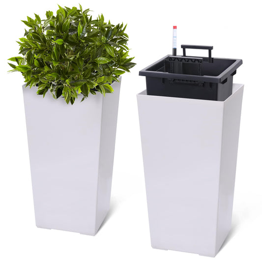 Garvee 22.5" Tall Planters Set of 2, Outdoor＆Indoor Black Planter Pots, High Front Porch Planter Pots with Drainage Holes＆Water Level Monitor＆Inner Bucket,White