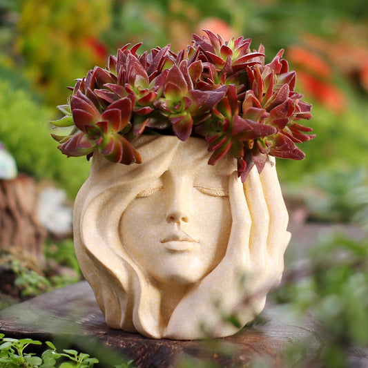 YOYLMAL Hand Holding Face Planter Pot, 5.1” Resin Women's Head Succulent Planter for Indoor Outdoor Plants, Unique Flower Pot with Drainage Hole, Gifts for Women Mom