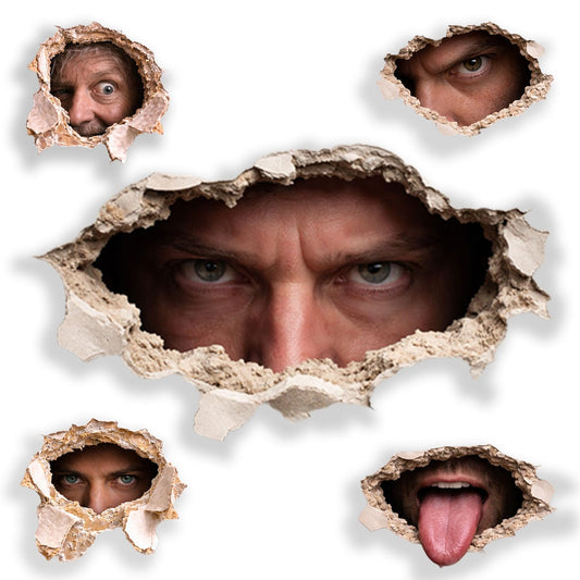 Creepy Hole-in-The-Wall Prank Stickers (5-Pack) – Reusable Peeking Face Wall Decals for Bathroom, Office & Dorm – Scary Fake Hole Gag Stickers for Pranks & Halloween Decor