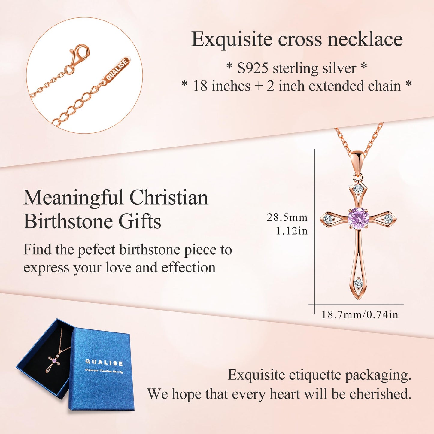 QUALISE Cross Necklace for Women,925 Sterling Silver Birthstone Necklace,Pink -October Birthstone Cross Necklace,Faith Religious Fine Jewelry Valentines Day Gifts Birthday Holiday Gifts for Her