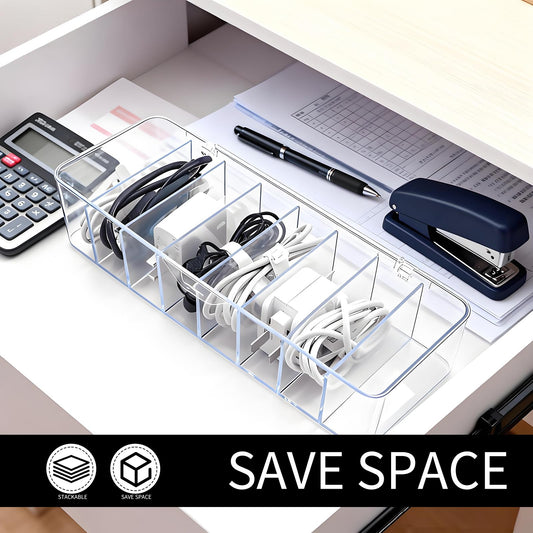 Cheardia 4 Pack Cable Storage Organizer, 10 In Plastic Cord Storage Box with 30 Wire Ties, Clear Charger Organizer with Lid for Office Home Desk Accessories