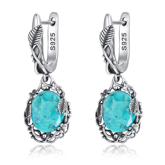 Phyonio Western Blue Oval Turquoise Dangle Earrings for Women Leaf Vine Flower Latch Back 925 Sterling Silver Earring Vintage Oxidised Boho Jewelry Valentines Day Gift for Wife