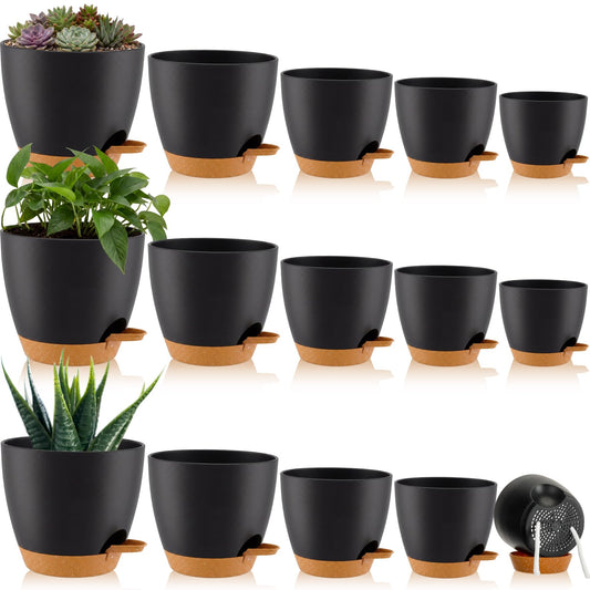 Remerry 15 Pcs 7/6.5/6/ 5.5/5 Inch Self Watering Planters with Drainage Hole Plant Pots Plastic Flower Pots Self Watering Pot and Saucer Reservoir for Garden Plant Flower(Black)