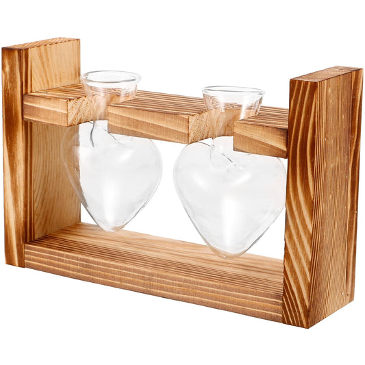 Milisten Heart Shaped Glass Vase with Wooden Frame for Hydroponic Plants Glass Bud Vases Indoor Plant Terrarium Decor