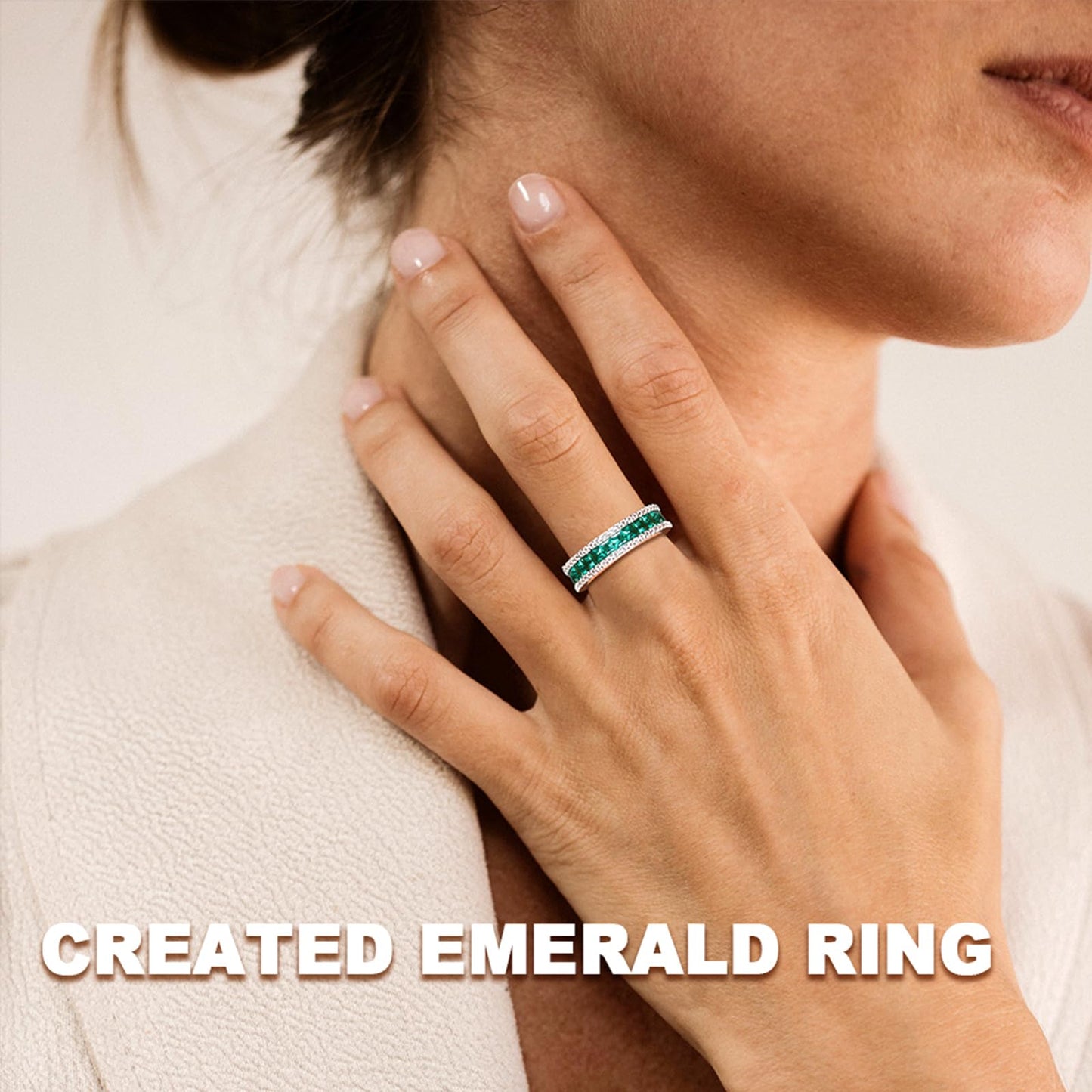 RANDES Channel Set Band Rings for Women Men Emerald Eternity Bands Sterling Silver 5mm Thick Wedding Band May Birthstone Ring Size 10