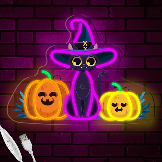 Happy Halloween Neon Sign, Cool Dimmable Light Up Halloween Pumpkin Neon Light Up Sign Gift USB Powered for Kids Bedroom, Living Room, Bar, Party, Shops, Party Yard Wall Decor Home Decoration (Pumpkin & Cat)