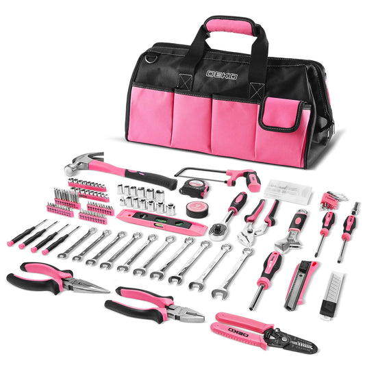 DEKOPRO Pink Tool Set for Women Ladies Girls, 226-Piece Household Hand Tool Kit with Wide Mouth Open Storage Tool Bag for DIY, Home and Equipment Maintenance