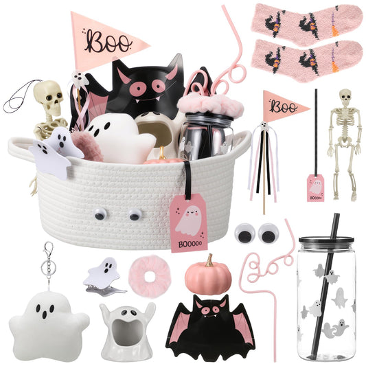 Reallnaive 12 Pcs Halloween Boo Gifts Basket Stuffers for Women Summer Halloween Spooky Ghost Cute Boo Basket Gifts Plastic Cups Paper Bat Plate Fuzzy Socks Skeleton Pendant for Her Sister Friends