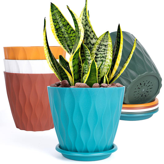 5 Pack Indoor 6 Inch Plant Pots, Flower Pots Outdoor Planter Planting with Drainage Holes, and Tray Saucers for All Home Gardens Succulents