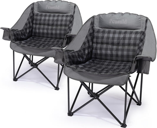 Pcuauld Camping Chairs for Adults 2 Pack Heavy Duty Padded Folding XL Camp Chair with Cup Holder, Supports 500lbs, Oversized Large Outdoor Widen Comfy Lawn Chairs for Tailgating Sports Beach