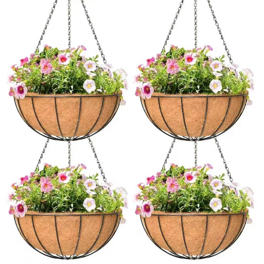 Qusuxi 4 Pack 12 Inch Hanging Baskets for Plants Outdoor Metal Hanging Planter Hanging Flower Baskets with Coco Fiber Liners Chain Round Wire Plant Holder Hangings Flower Pots(Watermelon)