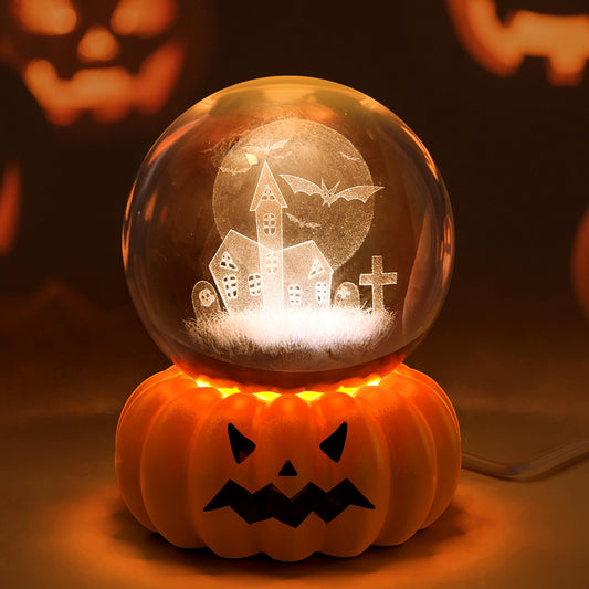 Briignite LED 3D Crystal Ball Night with Pumpkin Switch Light Base, Funny Halloween 3000K Warm Night Light for Kids Room Holiday Party Decor and Gift