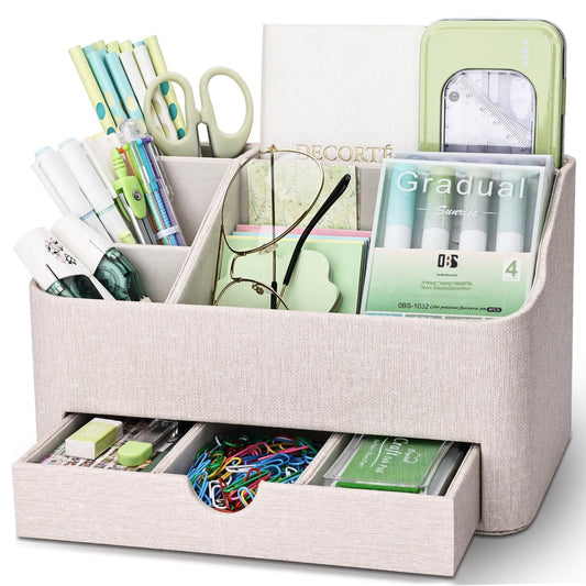 KINGFOM PU Leather Desk Organizer with Drawer, 5 Compartments Desktop Storage Caddy for Office & Home Supplies, Pen Holder for Remote Control, Phone & Accessories, Mail Organizer Countertop(Beige)