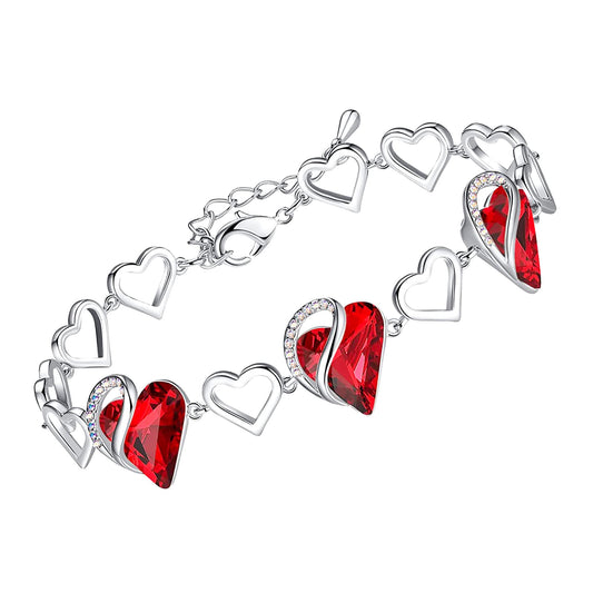 Leafael Infinity Love Heart Gift Bracelet for Women, January & July Birthstone Crystal, Siam Ruby Red, Silver Tone, 7-inch Chain and 2-inch Extender