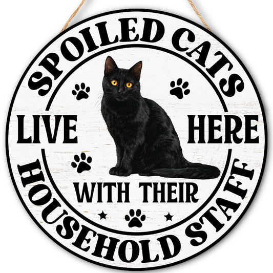 Black Cat Wood Hanging Sign for Front Door, Cat Gifts House Welcome Sign