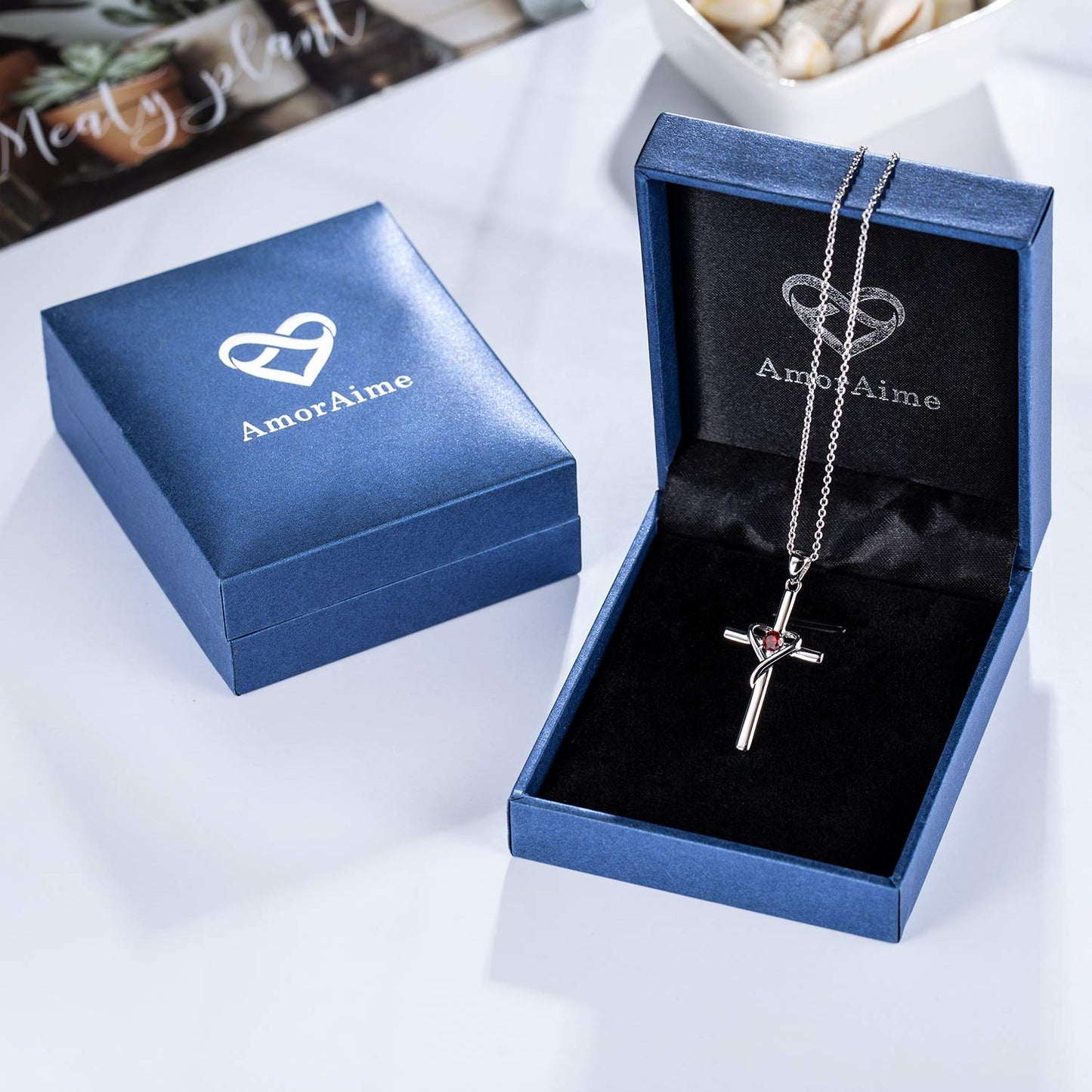 AmorAime 925 Sterling Silver Cross Necklace for Women Men 14K Gold Plated 5A CZ Birthstone Necklaces for Holiday (A.Red-Garnet-January)