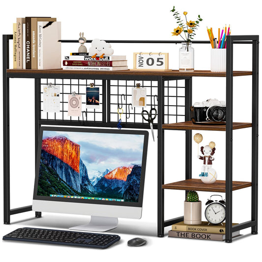 Snughome Desk Shelf, 38.6" Desktop Organizer Shelf, Desk Hutch for Computer Monitor, 4 Tier Desk Display Rack with Pegboard Hooks Set, Wood Desktop Bookshelf for Home Office Dorm