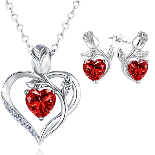JACUPO Rose Heart Necklace and Earrings Set (Necklace 1.2CT / Earrings 0.8CT) Moissanite/Lab-Grown Sapphire/Ruby Options S925 Sterling Silver 18K White Gold Plated Engraved "I LOVE YOU" Perfect Engagement Gift for Girlfriend Wife (Ruby Silver)