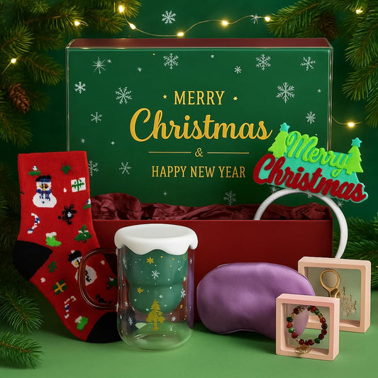 YUNNUOLI Charming Christmas Gift Set – Cozy Holiday Glass, Festive Santa Socks, Elegant Christmas Bracelet & Premium Hollow Packaging – Perfect Holiday Gift for Women, Friends & Family