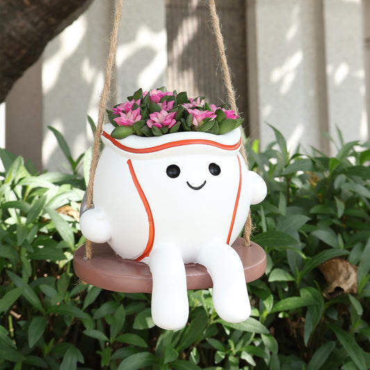 Abofth Smiley Baseball Swing Planter Pot – Cute Resin Hanging Flower Pot with Drainage Hole, Indoor Outdoor Fun Planters for Indoor Plants, Gifts for Plant Lovers, Succulent Pot for Small Plants
