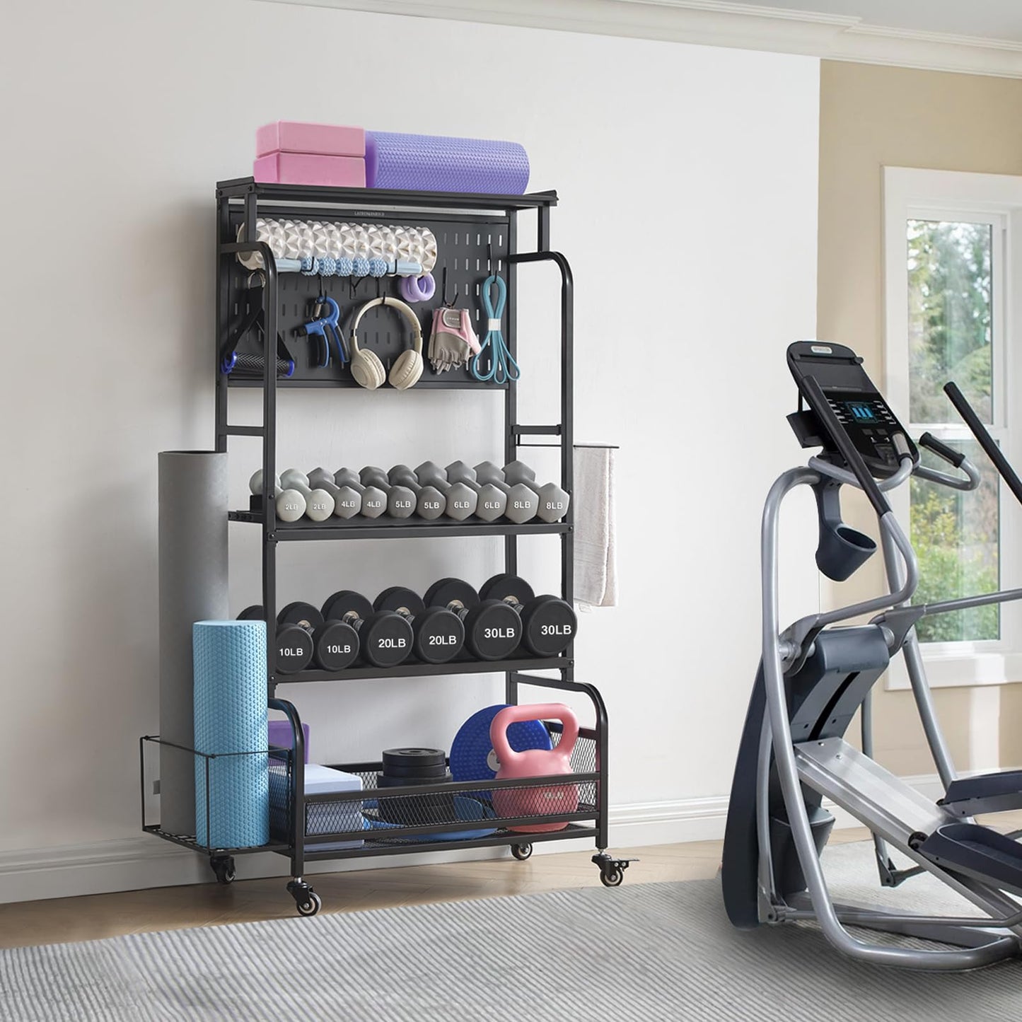 56'' Taller Home Gym Storage Organizer, Yoga Mat Storage Rack with Hanging Board, Exercise Workout Equipment Storage Stand for Home Gym, Dumbbell Holder Kettlebell Rack with Wheels and Hooks (Black)