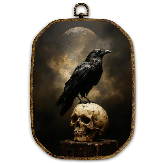 Yjeslw Vintage Gothic Skull Crow Octagon Wall Art Decor, Dark Academia Raven Framed Canvas Prints, Goth Moody Spooky Bird Wall Hanging Decorations for Home Bedroom Living Room Decor, 10.2x7 Inches