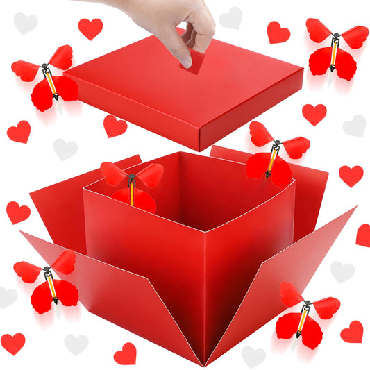 Red Flying Butterfly Explosion Gift Box, Love You, Unique Exploding Surprise Box with Love Heart and 4 PCS Butterflies for Valentine's Day, Birthday, Wedding, Anniversaries