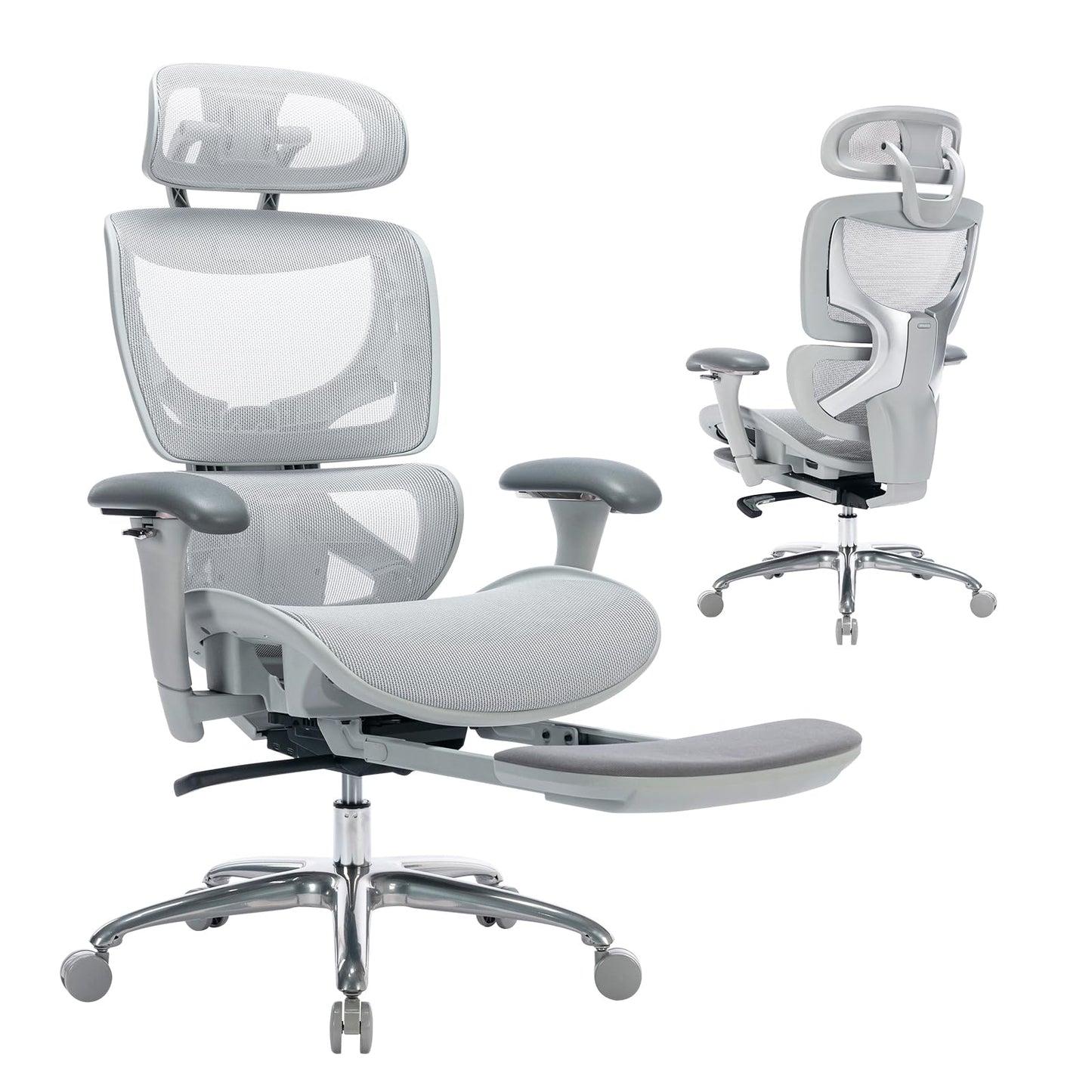 COLAMY Ergonomic Mesh Office Chair, High Back Desk Chair with Footrest, Adjustable Headrest and 3D Arms, Fixed Tilt Lock, Lumbar Support, Breathable Mesh Computer Chair for Home Office - Grey