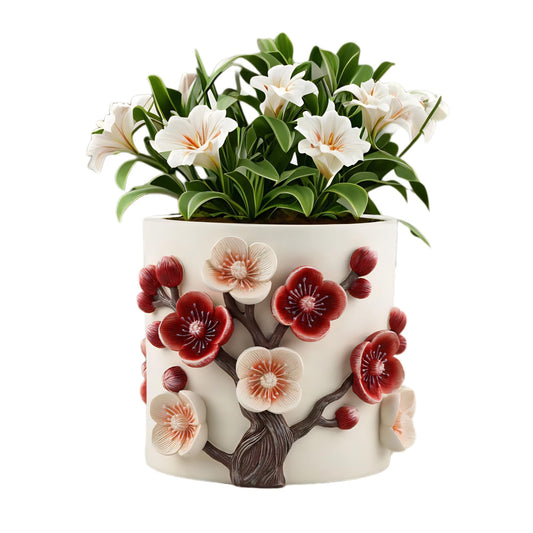Gueiddi Flower Pot, 5 Inch Cute Plant Pots with Plum Blossom Design, Resin Decorative Flower Pots with Drainage for Indoor Plants, Succulents, Home and Garden Decor