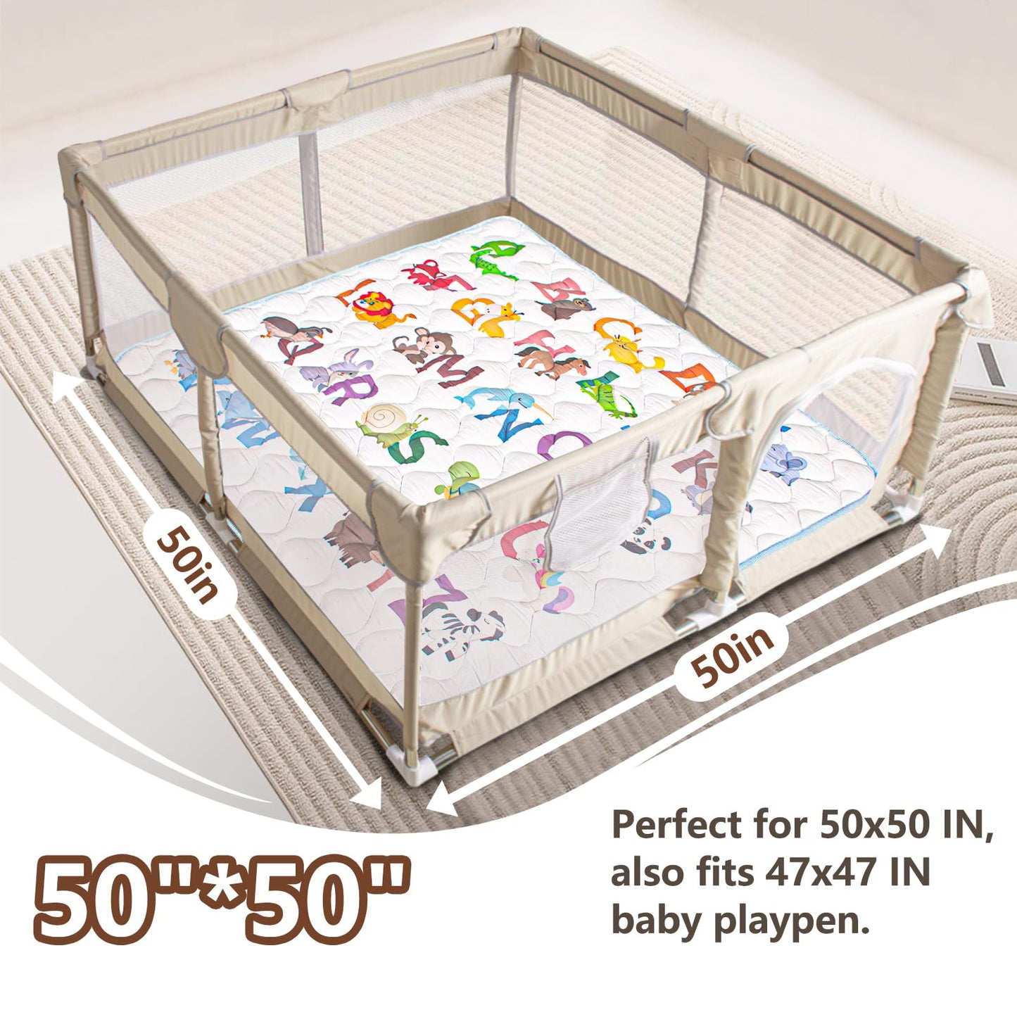 Beavtaens Baby Play Mat, 50x50 Playpen Mat with Super Soft Touch, Activity Mats with Upgraded Anti-Slip Bottom, Machine Washable Crawling Mats for Floor & Picnic (Animal Alphabets)